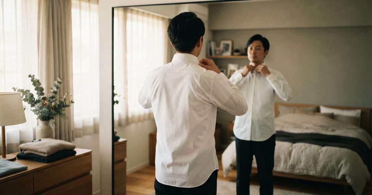 身だしなみを整える30代男性の後ろ姿