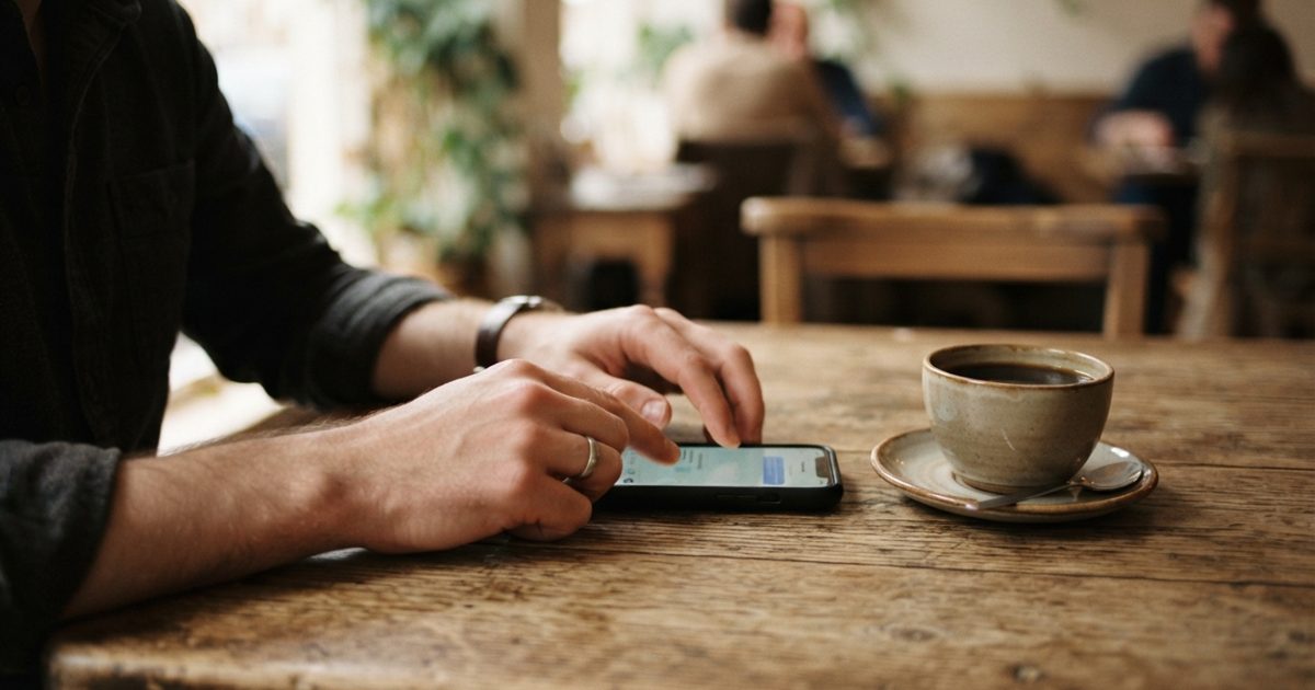 カフェのテーブルでスマートフォンを操作する男性の手元