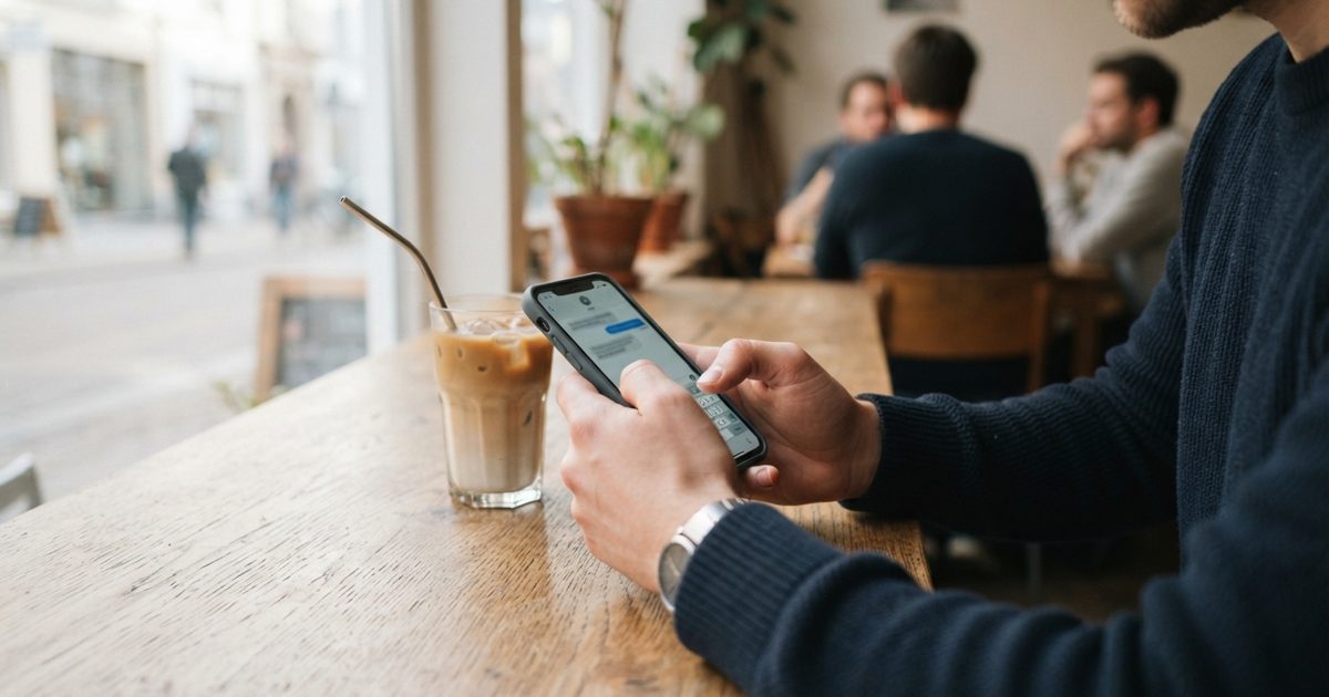 カフェの席でスマホのメッセージを入力する男性の手元