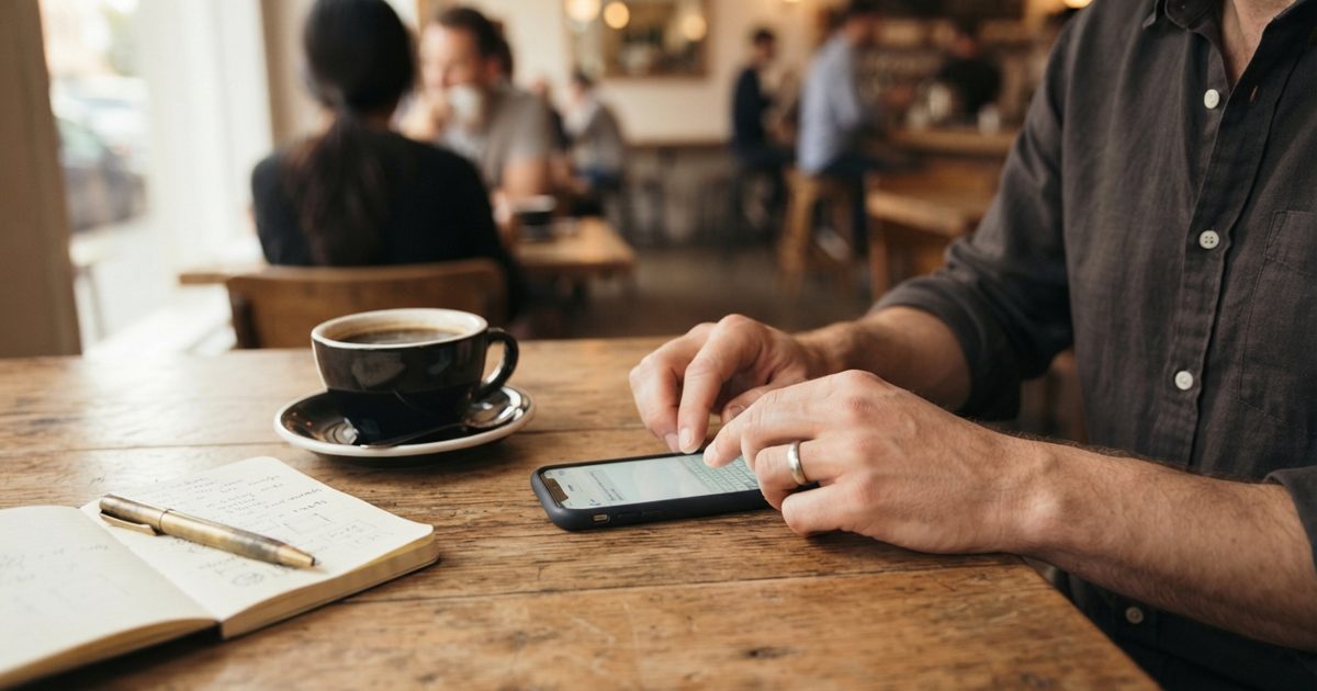 カフェのテーブルでスマートフォンを操作する男性の手元