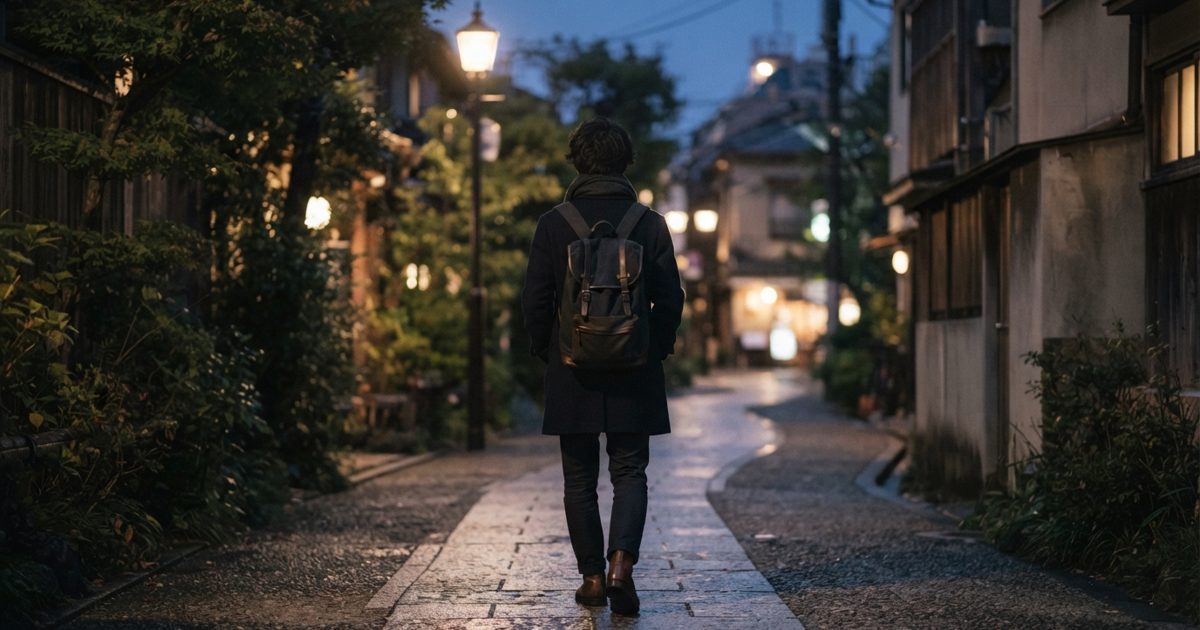 夜の街を歩く落ち着いた男性の後ろ姿