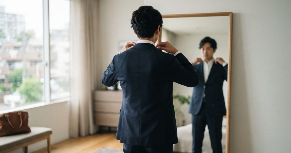 身だしなみを整える男性の後ろ姿