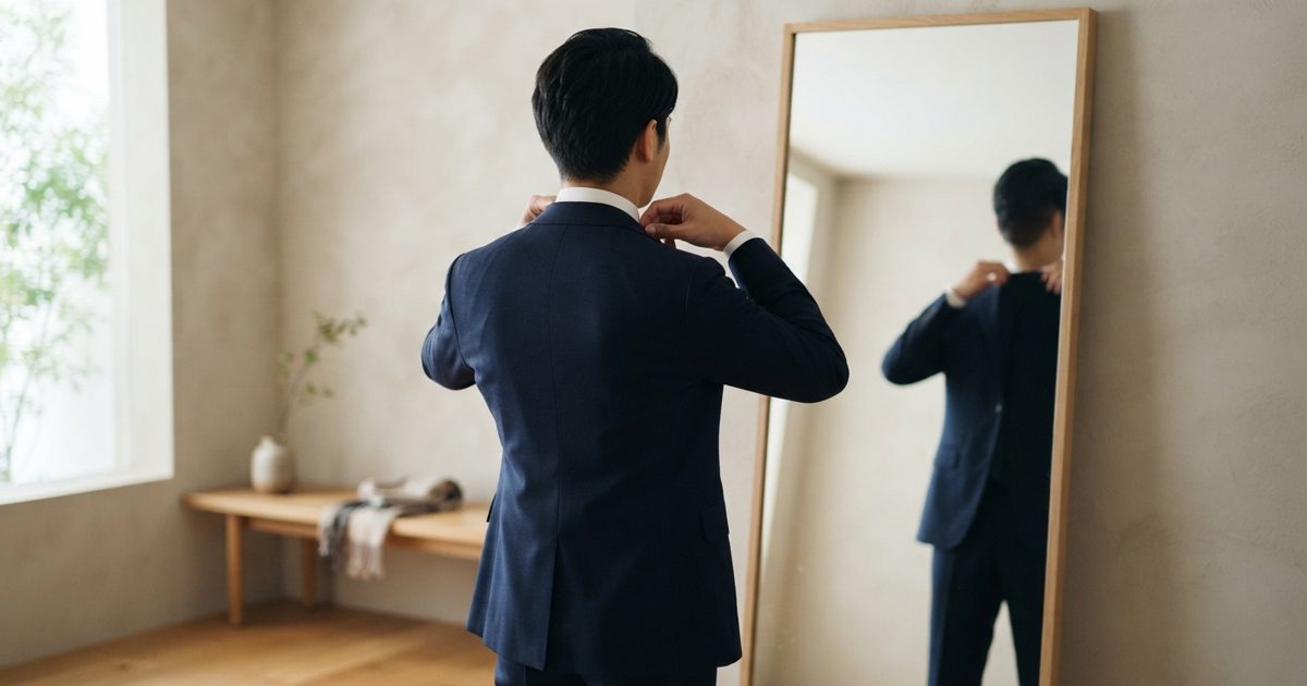 スーツを整えて撮影の準備をする男性の後ろ姿