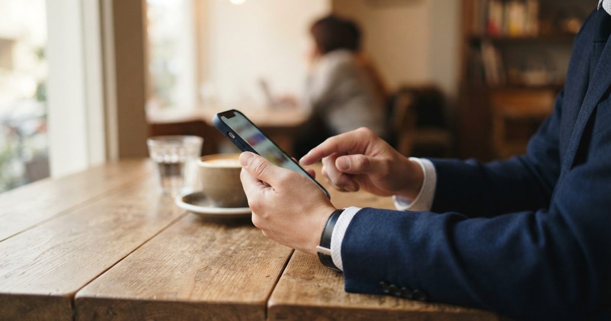 カフェの席でスマホを見るスーツ姿の男性の手元