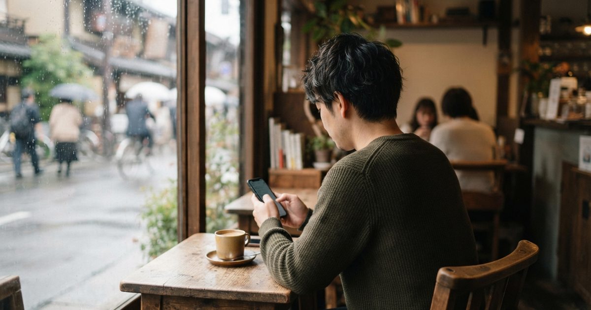 カフェの席でスマホを見る男性の後ろ姿