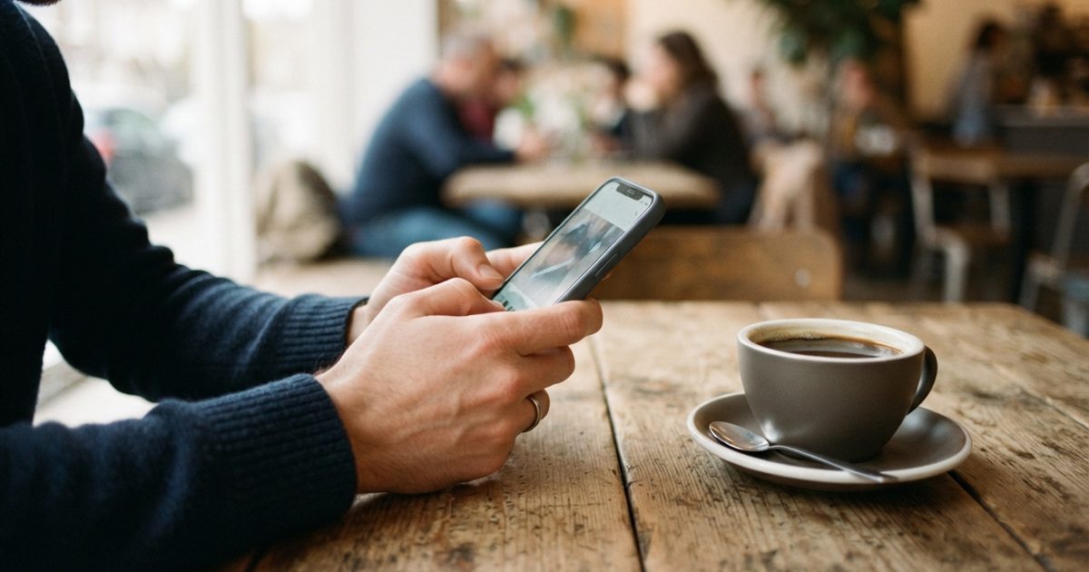 カフェでスマートフォンを見る男性の手元