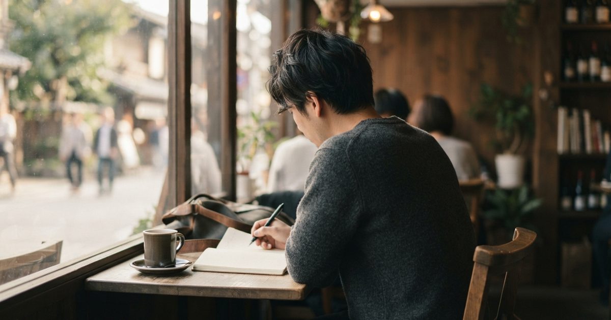 カフェの席でノートを開く30代男性の後ろ姿