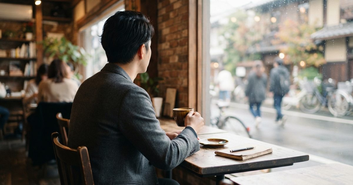 カフェの窓辺で準備を整える30代男性の後ろ姿