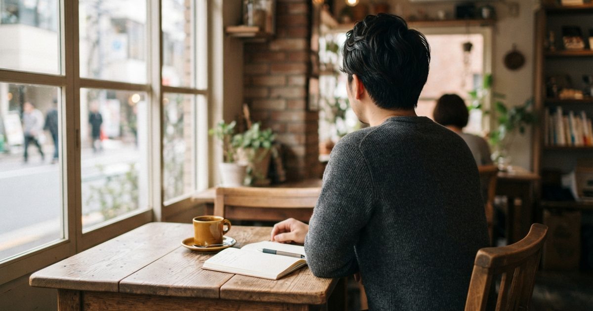 カフェのテーブルでノートを開く男性の後ろ姿