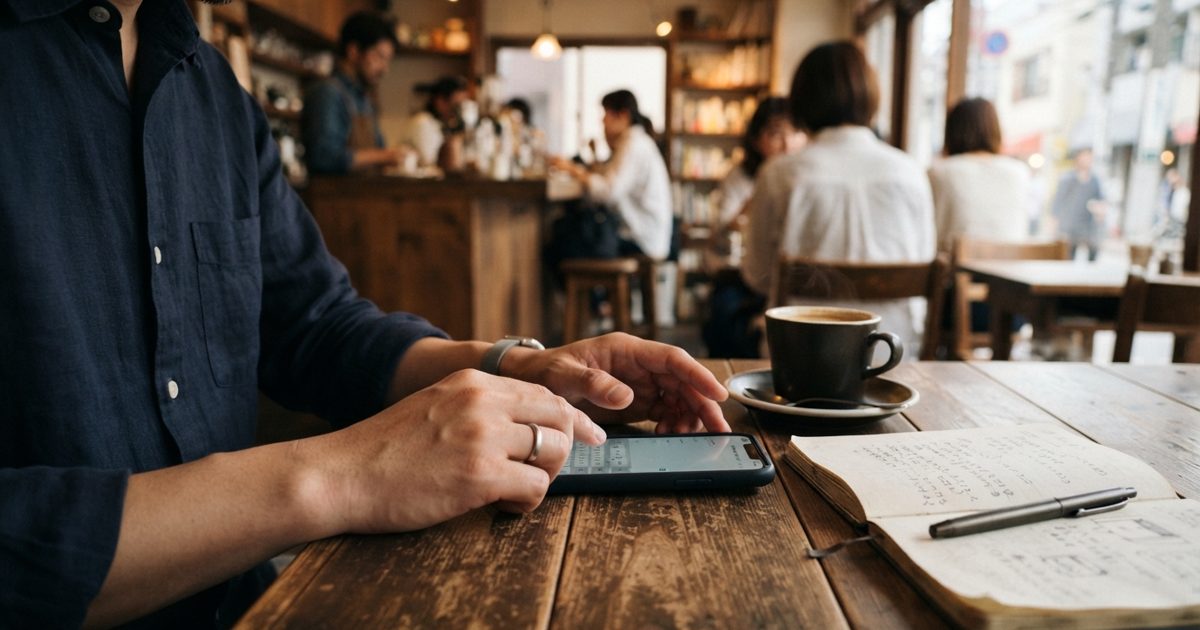 カフェの机でスマホを操作する男性の手元
