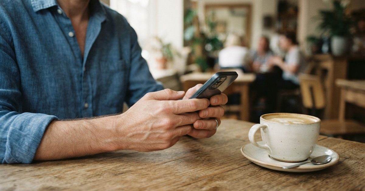 カフェでスマートフォンを確認する男性の手元