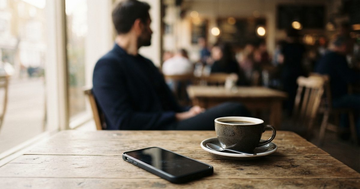 カフェの机に置かれたスマホとコーヒー