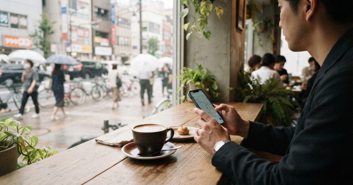 カフェのテーブルに置かれたスマホとコーヒー