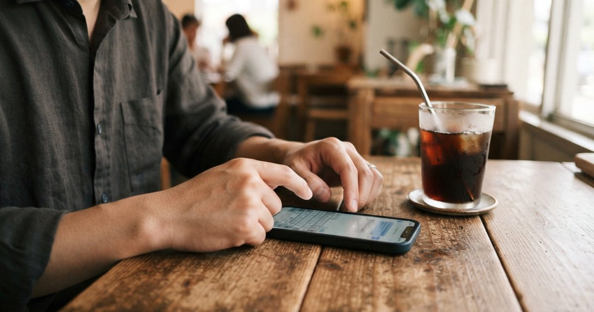 デート後にカフェでスマホ操作する男性の手元