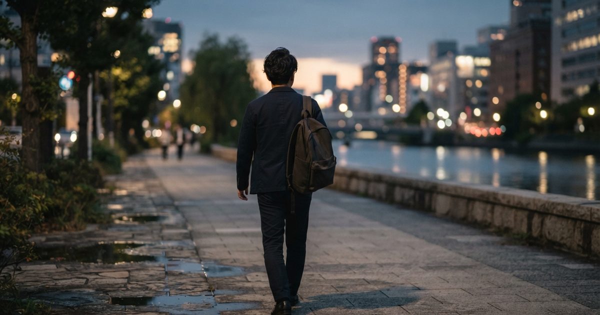 夕暮れの並木道を歩く男性の後ろ姿
