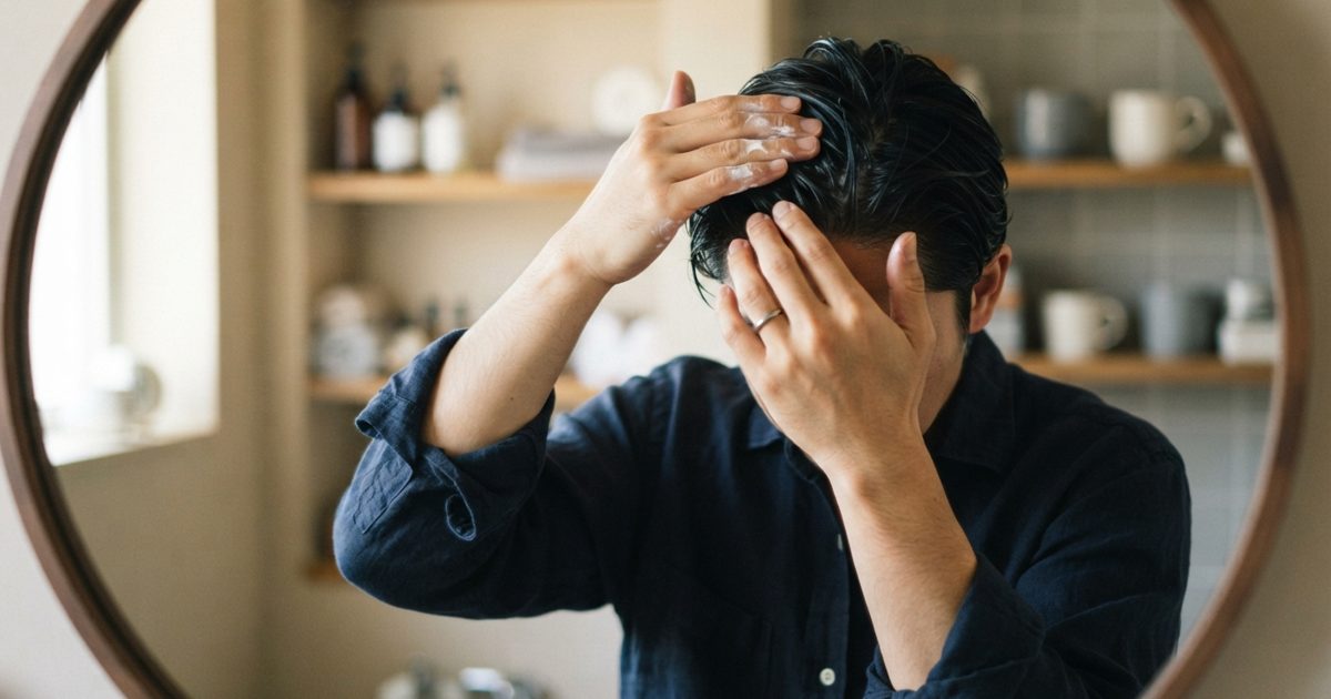朝の身だしなみで髪型を整える男性の手元