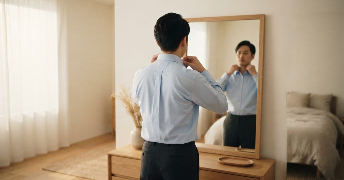 出かける前に身だしなみを整える男性の後ろ姿
