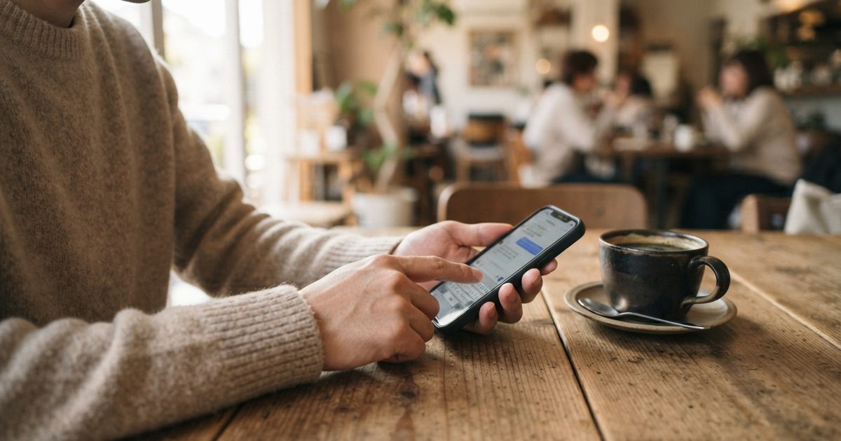 カフェのテーブルでスマートフォンを操作する男性の手元