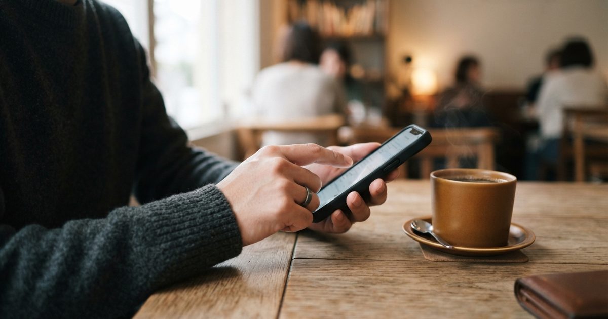 カフェのテーブルでスマホを操作する男性の手元
