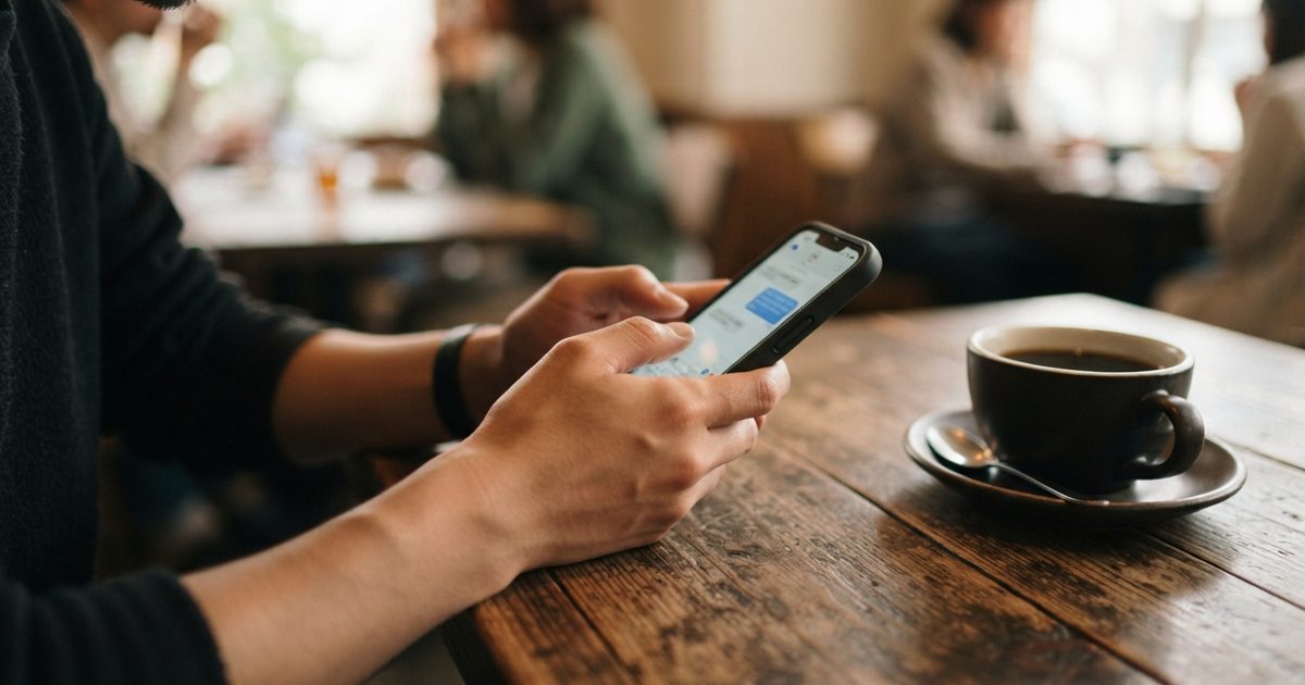 カフェでスマートフォンを操作する男性の手元