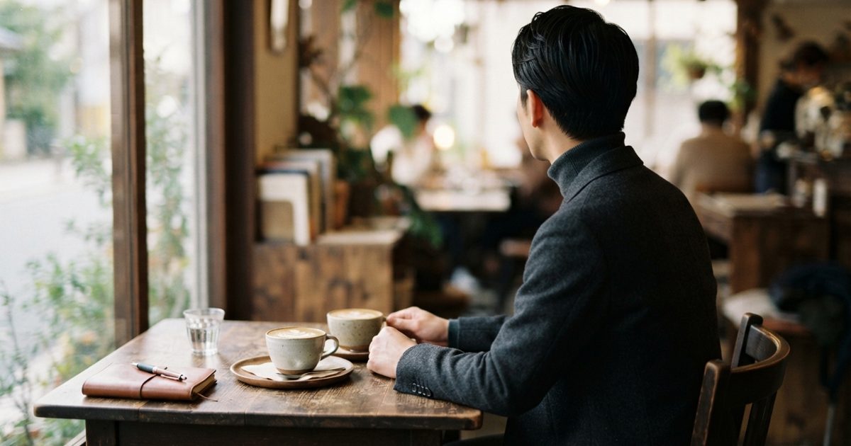 真剣交際のデートで落ち着いたカフェに座る男性