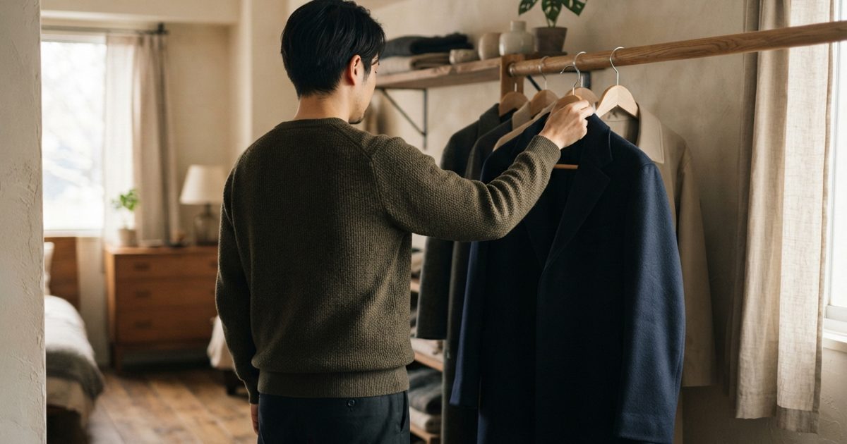冬のデートに向けてコートを選ぶ男性の後ろ姿
