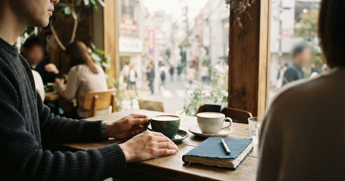 カフェの窓際席とテーブル上のコーヒーカップ